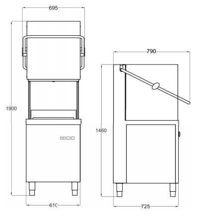 Hooded dishwasher | 4 washing cycles | drain pump | 610x725x1460 mm | 9,7 kW