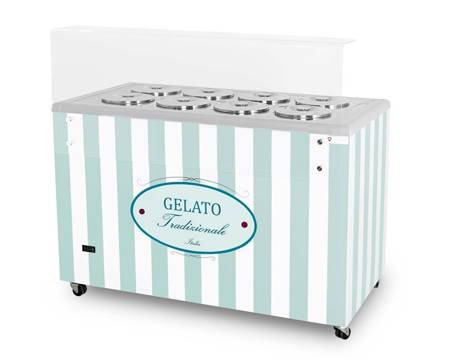 Ice cream dispenser | ice cream display case | canner | retro | 8 tubes | round trays | 1283x670x895 mm | GELATO POZETTI 8 PASTEL BLUE