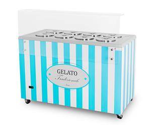 Eiscreme-Spender | Eiscreme-Vitrine | Konservator | Retro | 8 Tuben | runde Schalen | 1283x670x895 mm | GELATO POZETTI 8 BLUE