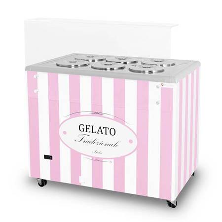 Eiscreme-Spender | Eiscreme-Vitrine | Konservator | Retro | 6 Röhren | runde Schalen | 1063x670x895 mm | GELATO POZETTI 6 PINK