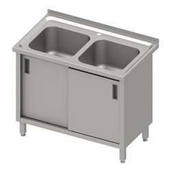Stół stalowy ze zlewem 2-komorowym, drzwi suwane, blat tłoczony, 1000x600x850 mm STALGAST 616407