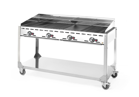 Grill gazowy Green Fire Profi Line 4-palnikowy z półką - 2 patelnie żeli HENDI 149614