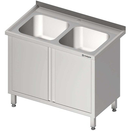Stół stalowy ze zlewem 2-komorowym, drzwi skrzydłowe, blat tłoczony, 1000x600x850 mm 616306 STALGAST